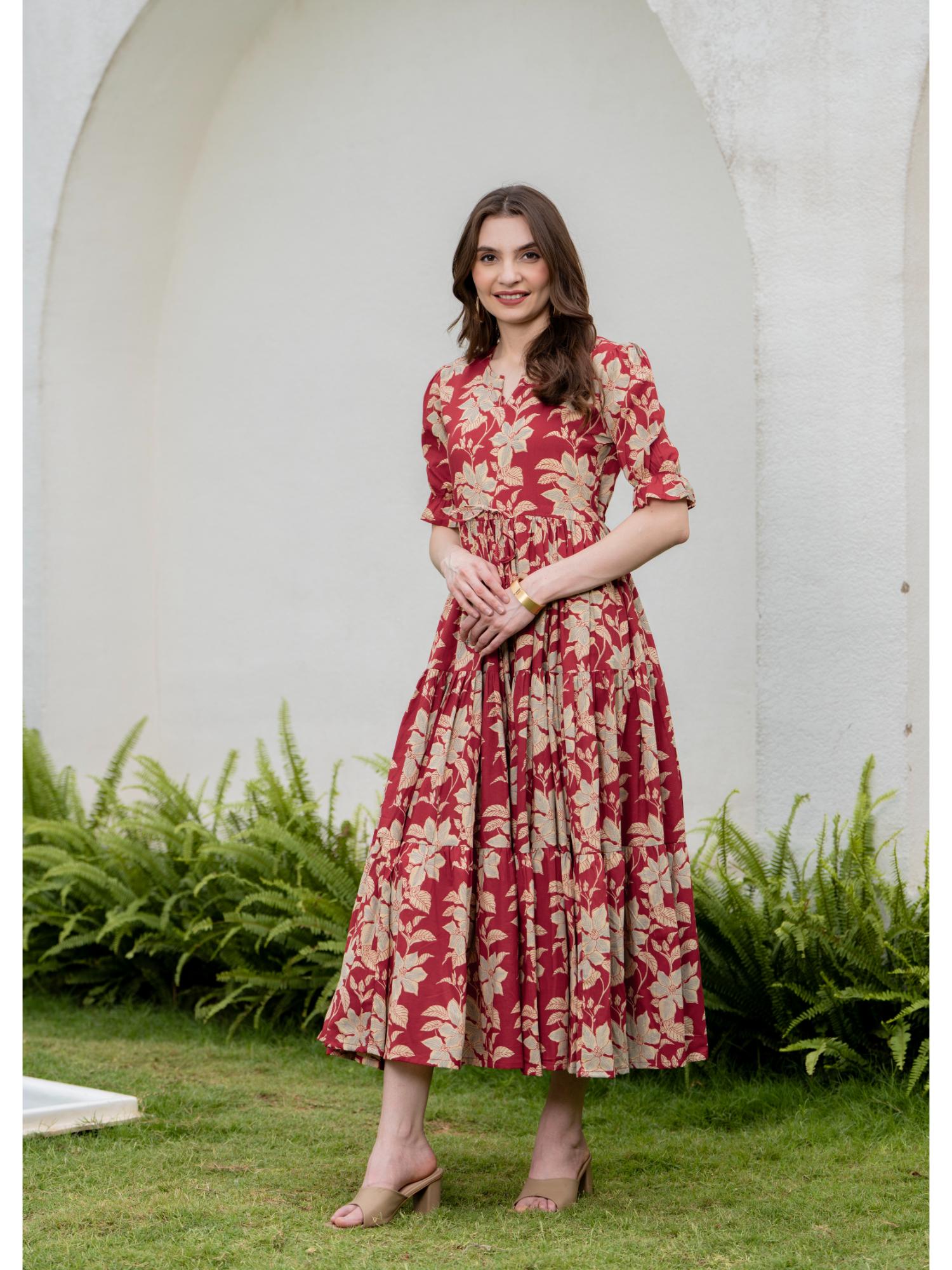 Red Women Cotton Printed Round Nack Half Sleeves Midi Length Flared Dress-image-7