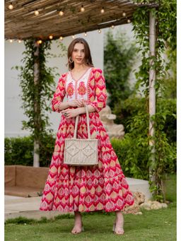 MIZAZJAIPUR - Pink Women Cotton Printed V-Nack Flared Dress