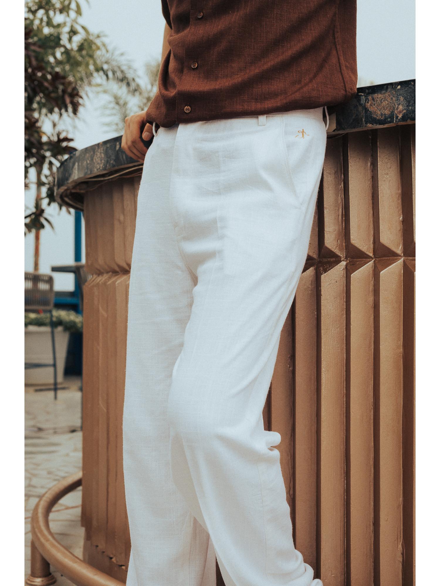 Buy JAVINISHKA White High Waist Korean Fit Linen Trouser (28) Online
