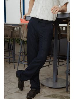 JAVINISHKA - Navy Blue High Waist Korean Fit Linen Trosuer