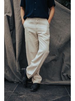 JAVINISHKA - Off White Textured High Waist Korean Fit Linen Trouser