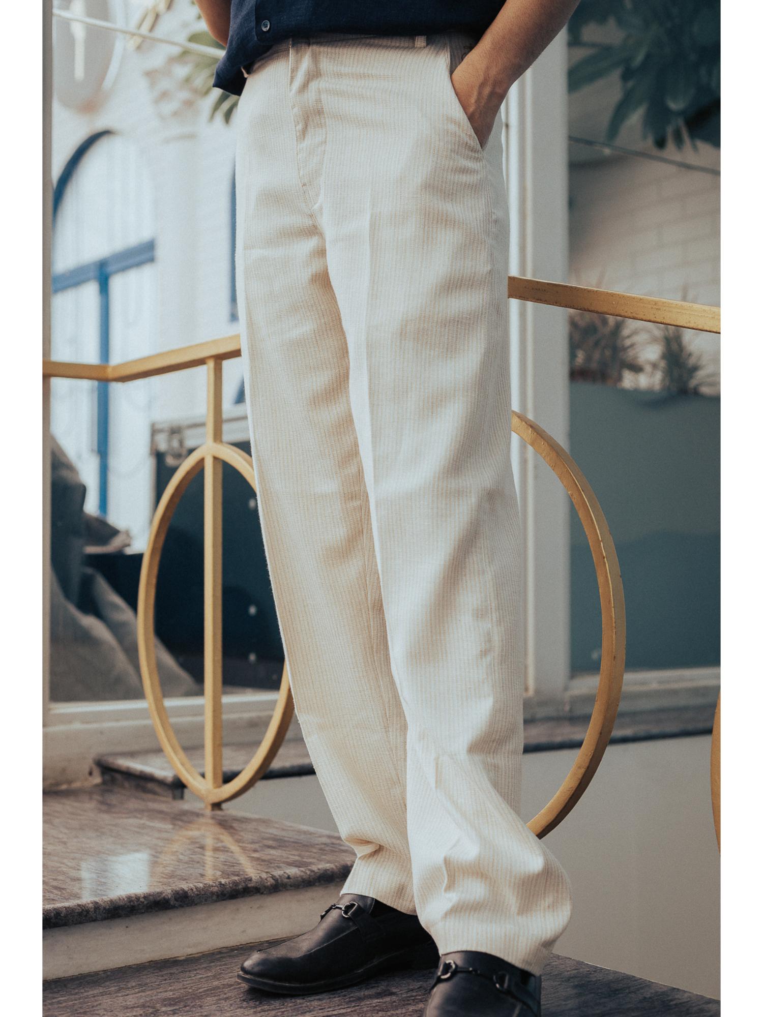 Buy JAVINISHKA Off White Textured High Waist Korean Fit Linen