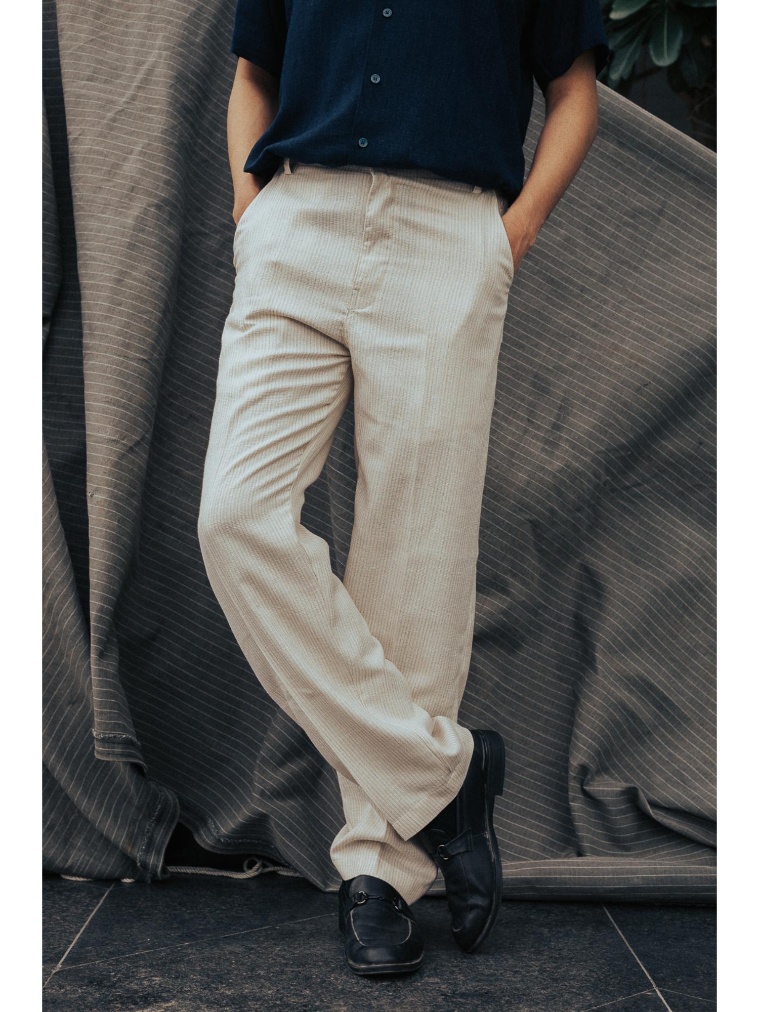 Buy JAVINISHKA Off White Textured High Waist Korean Fit Linen