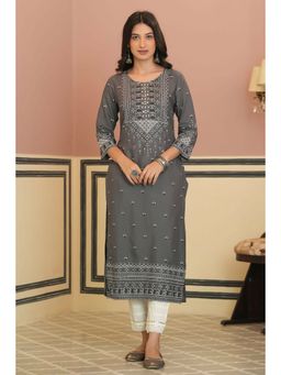 Juniper - Grey Ethnic Motif Printed Rayon Straight Kurta.