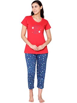 Bodycare - Womens Combed Cotton Printed T-Shirt & Capri -BSCS16009 Red (Set of 2)
