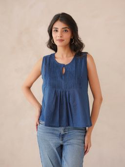GOODHAND - Blue Cotton Pintucks Women Top