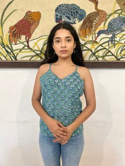 GOODHAND - Cotton Block Green Printed Cami Women Top
