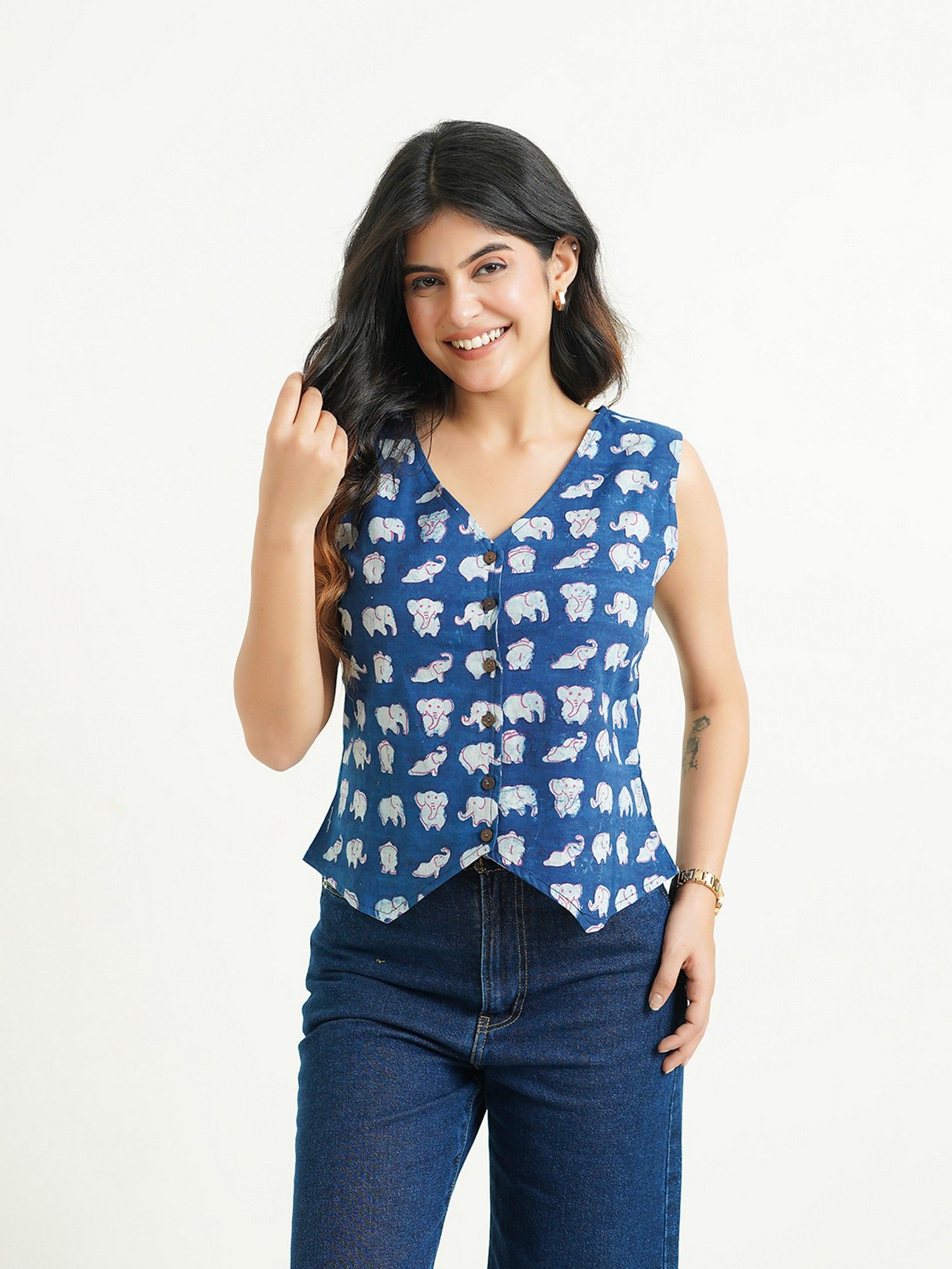 Indigo Pure Cotton Woven Floral Printed Straight Women Top-image-3