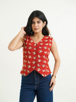 GOODHAND - Red Pure Cotton Woven Floral Printed Straight Women Top