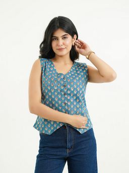 GOODHAND - Teal Pure Cotton Woven Floral Printed Straight Women Top