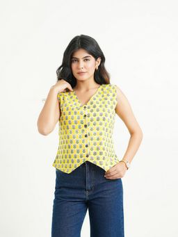 GOODHAND - Yellow Pure Cotton Woven Floral Printed Straight Women Top
