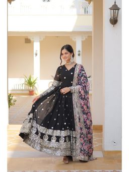 Banjara India - Women Embroidered Black A-Line Evening Gown with Dupatta