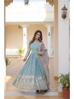 Banjara India - Women Embroidered Blue A-Line Evening Gown with Dupatta