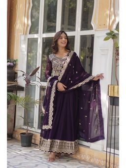 Banjara India - Women Embroidered Purple A-Line Evening Gown with Dupatta