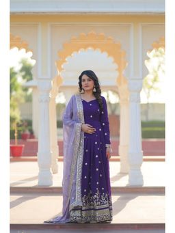 Banjara India - Women Embroidered Purple A-Line Evening Gown with Dupatta