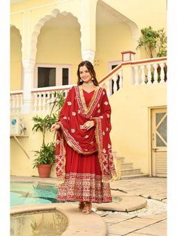 Banjara India - Women Embroidered Red A-Line Evening Gown with Dupatta