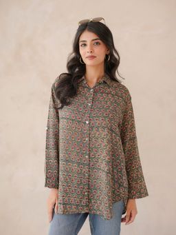GOODHAND - Green Cotton Block Printed Women Shirt
