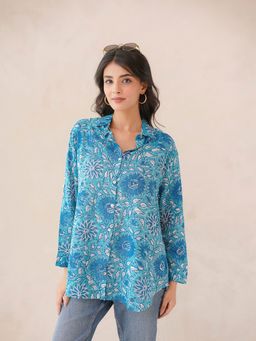 GOODHAND - Blue Cotton Block Printed Women Shirt