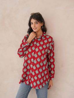 GOODHAND - Red Cotton Block Printed Red Women Shirt