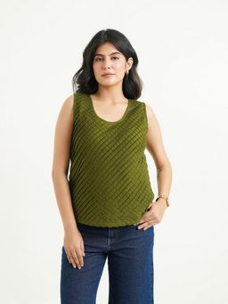 GOODHAND - Green Pure Cotton Woven Solid Straight Women Top