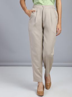 FITHUB - Women Polyester Solid Beige High Waist Formal Trouser