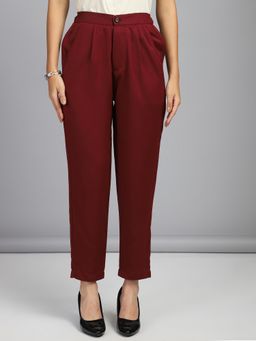 FITHUB - Women Polyester Solid Maroon High Waist Formal Trouser