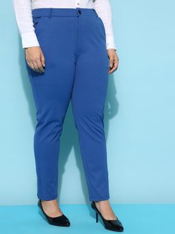 FITHUB - Women Polyester Solid Blue High Waist Formal Trouser