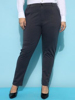FITHUB - Women Polyester Solid Grey High Waist Formal Trouser