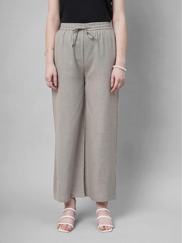 FITHUB - Women Cotton Solid Grey High Waist Casual Trouser