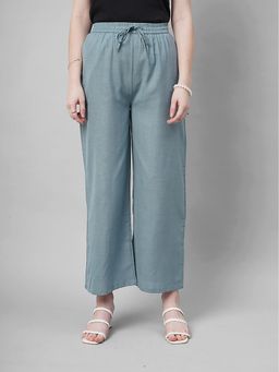 FITHUB - Women Cotton Solid Green High Waist Casual Trouser