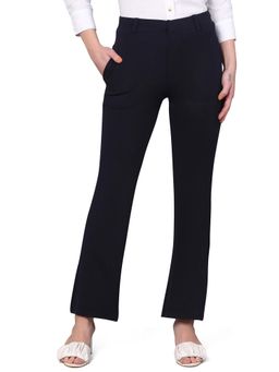 FITHUB - Women Polyester Solid Navy Blue High Waist Formal Trouser