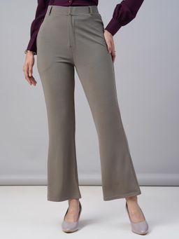 FITHUB - Women Polyester Solid Light Grey High Waist Formal Trouser