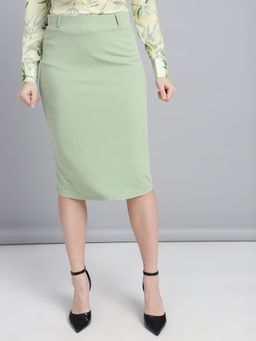 FITHUB - Women Cotton Solid Green High Waist Knee Length Skirt