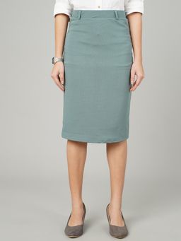 FITHUB - Women Cotton Solid Blue High Waist Knee Length Skirt