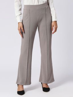 FITHUB - Women Polyester Solid Grey High Waist Formal Trouser