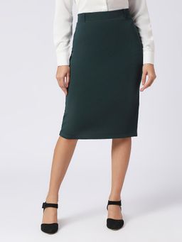 FITHUB - Women Cotton Solid Green High Waist Knee Length Skirt