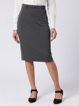 FITHUB - Women Cotton Solid Grey High Waist Knee Length Skirt