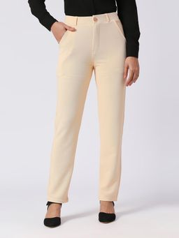FITHUB - Women Knitted Solid Cream High Waist Formal Trouser