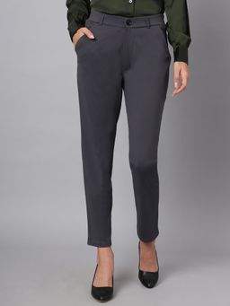 FITHUB - Women Cotton Solid Grey High Waist Formal Trouser