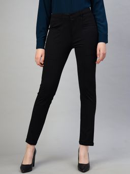 FITHUB - Women Polyester Solid Black High Waist Formal Trouser