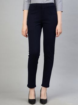 FITHUB - Women Polyester Solid Navy Blue High Waist Formal Trouser