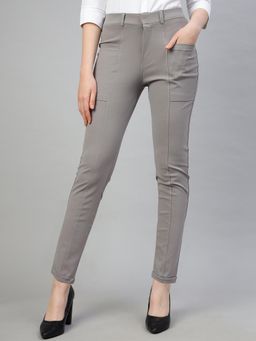 FITHUB - Women Polyester Solid Light Grey High Waist Formal Trouser