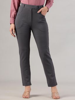 FITHUB - Women Polyester Solid Grey High Waist Formal Trouser