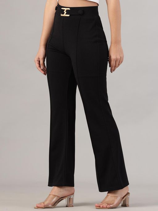 Buy FITHUB Women Polyester Solid Black High Waist Casual Trouser