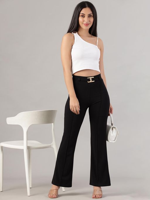Buy FITHUB Women Polyester Solid Black High Waist Casual Trouser