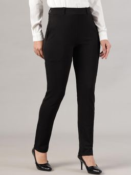 FITHUB - Women Polyester Solid Black High Waist Formal Trouser
