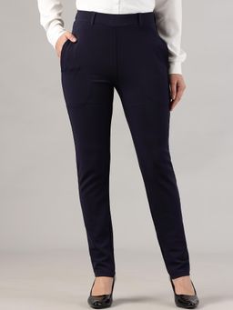 FITHUB - Women Polyester Solid Navy Blue High Waist Formal Trouser