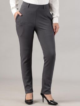 FITHUB - Women Polyester Solid Grey High Waist Formal Trouser