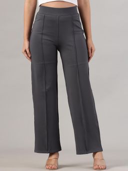 FITHUB - Women Polyester Solid Grey High Waist Casual Trouser