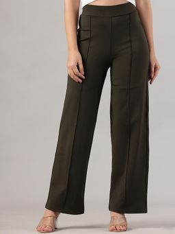 FITHUB - Women Polyester Solid Olive High Waist Casual Trouser